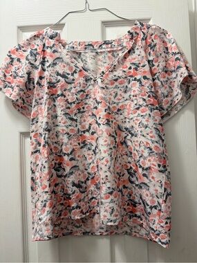 Women’s Floral V-Neck Top in Coral and Charcoal grey